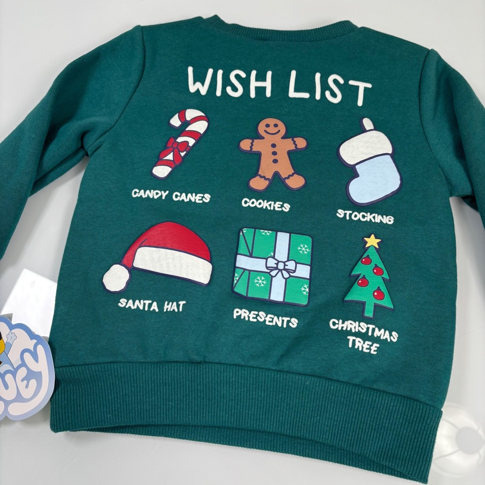 Bluey Toddler 2T Green Christmas Sweatshirt NEW Wish List Graphic Fleece Top